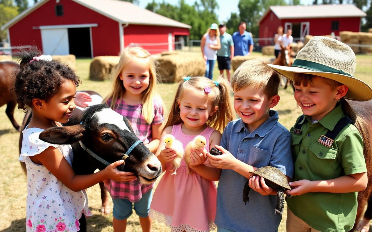 Children meeting a miniature cow, a baby chick, and a gopher tortoise at a family ranch event.
