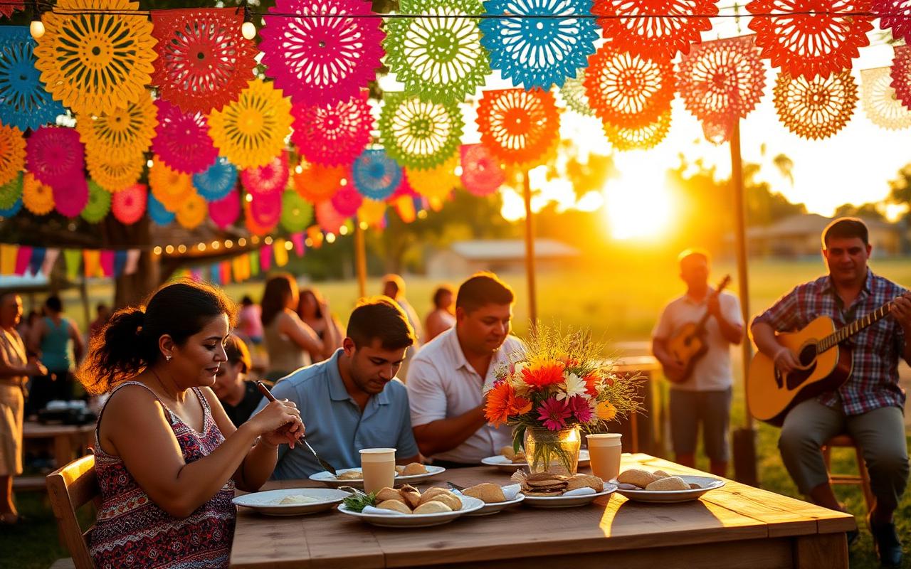 Latin food festival at golden hour with papel picado banners and musicians.