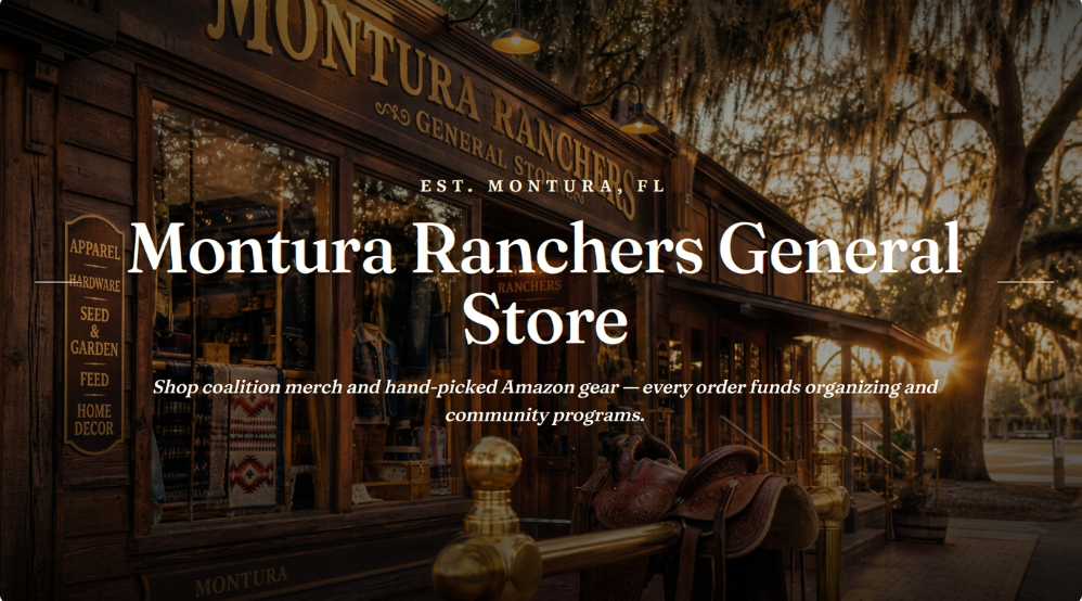 Montura Ranchers General Store — warm walnut wood storefront with hand-painted gold-leaf signage, brass gooseneck lamps, a tooled leather saddle on the hitching rail, and live oaks draped in Spanish moss.