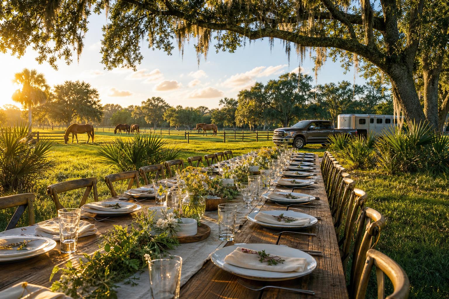 A long farm-to-table dinner setup on grass with wildflowers and string lights, Everglades wetland glowing at sunset behind.