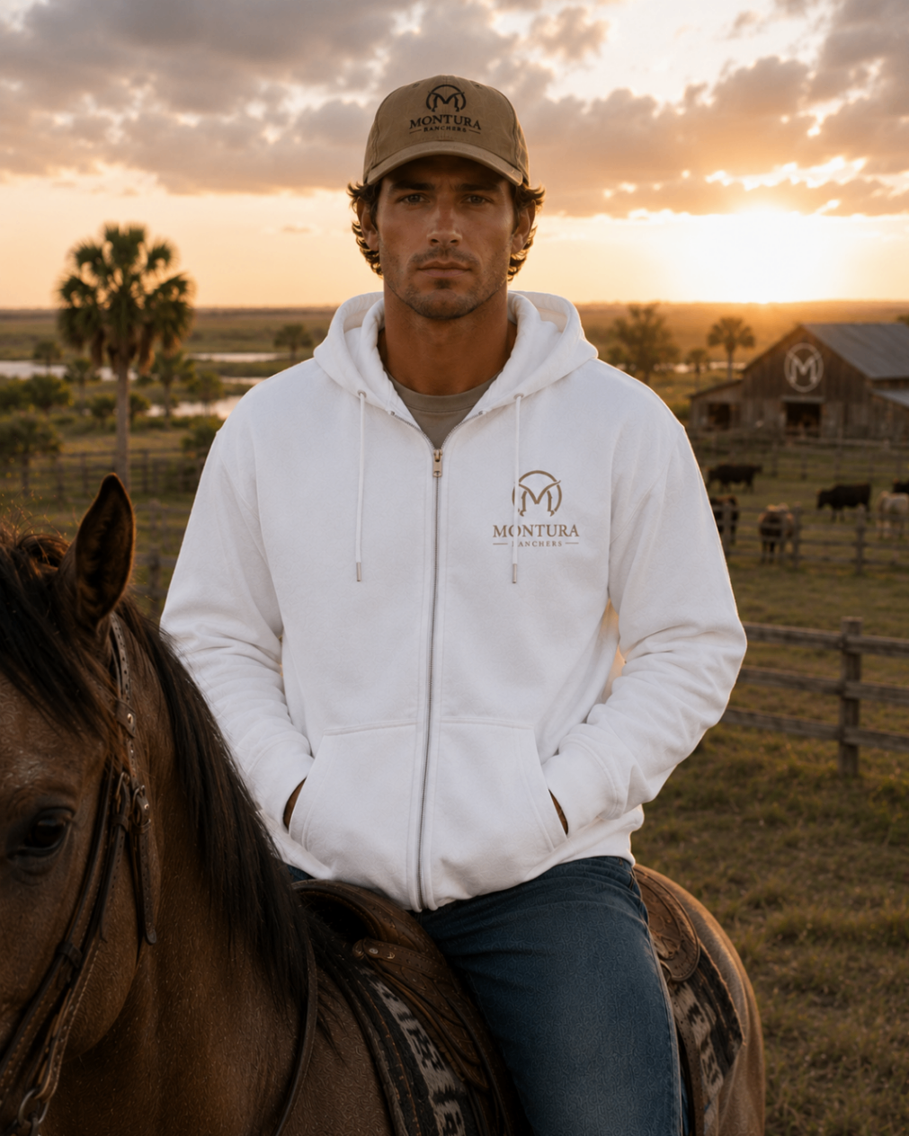 Rancher in Montura Ranchers white zip hoodie on horseback at sunset