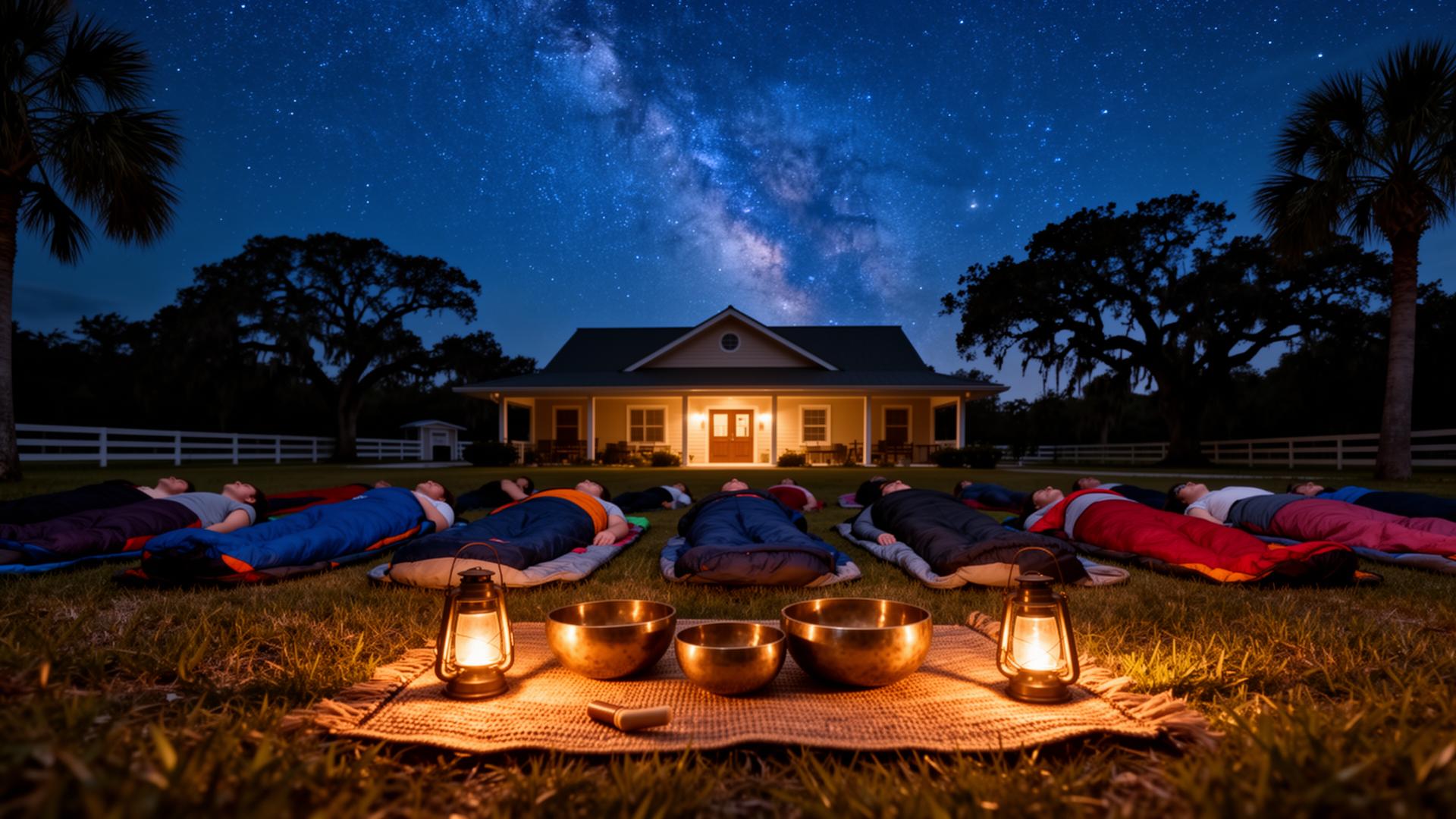 Sleeping bags on a grassy clubhouse lawn under a starry sky with brass singing bowls lit by lantern light.