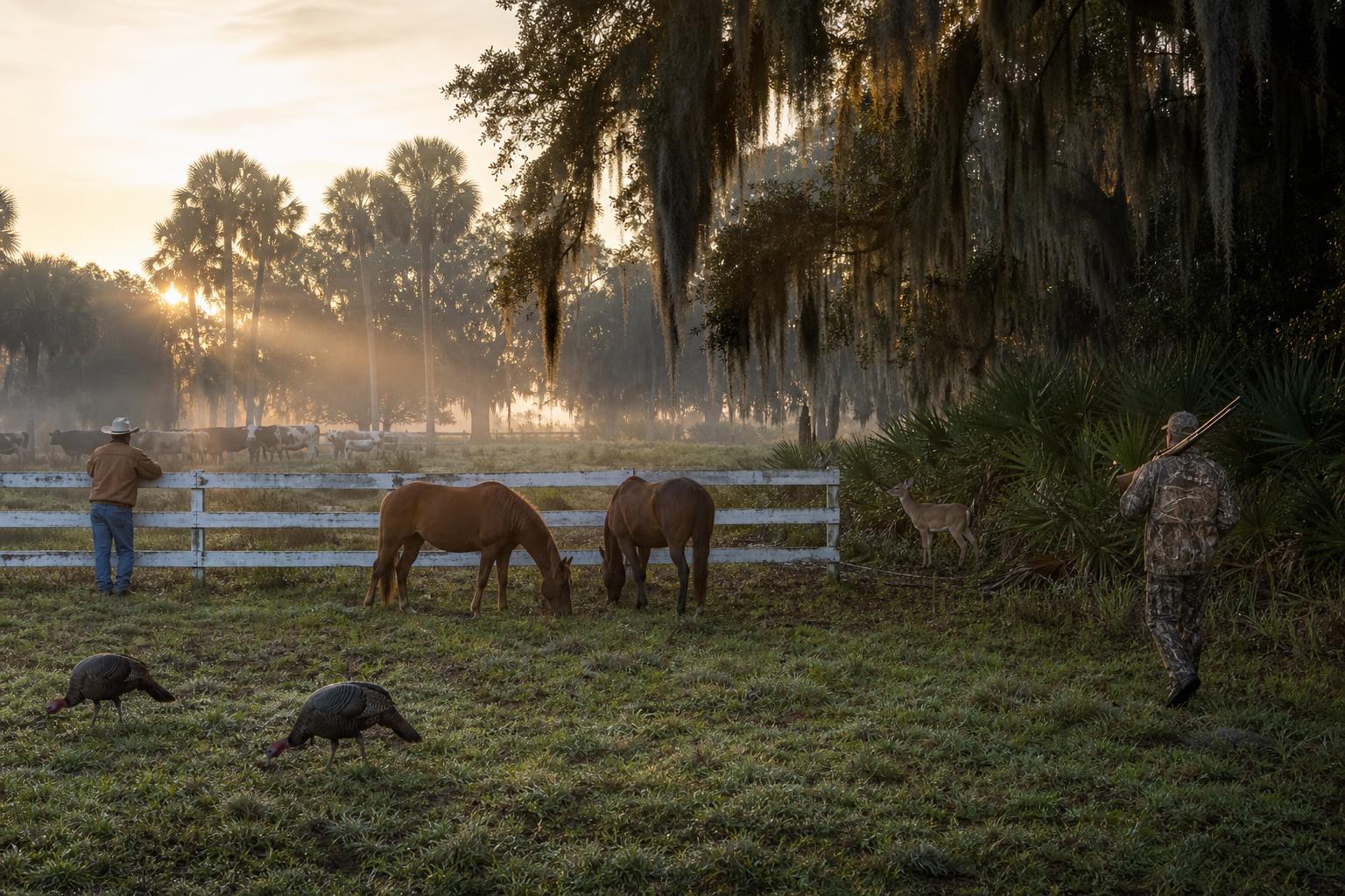 Misty South Florida horse country at dawn — Spanish moss draped oaks, white ranch fences, horses, cattle, deer, wild turkeys, palmetto palms, and a hunter at the tree line